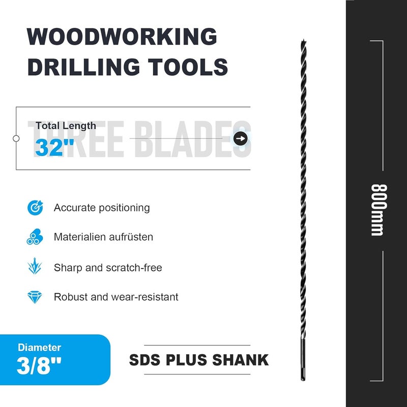 WOBLLMX 3/8" x 32" Auger Drill Bit with SDS Plus Shank for Wood,Tri Flute Ship Auger Long Drill Bit for Soft and Hard Wood,Tree Stump,Plastic,Drywall and Composite Materials - Image 2